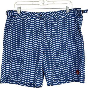 Relwen Swim Trunks Shorts Blue White Wave Size L Mesh Liner Adjustable Waist